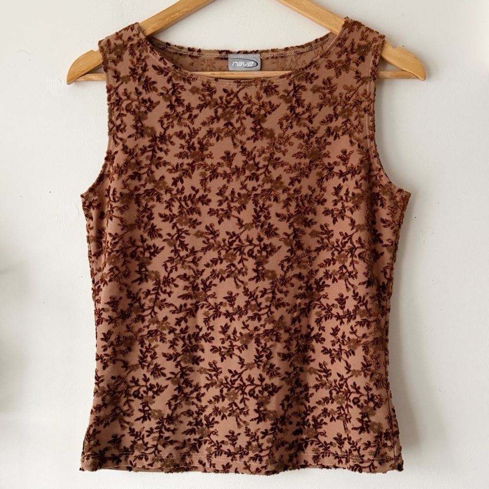 90s Y2K Rave Velvet Flocked Floral Mesh Tank Top Brown Size Large Made in USA